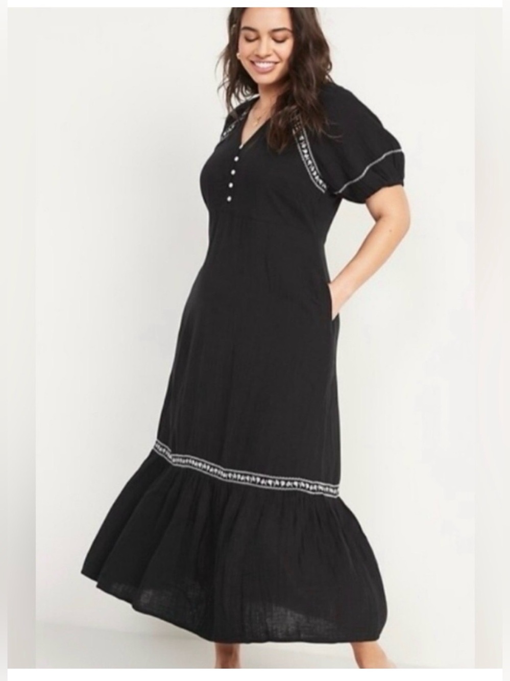 Old Navy black maxi dress featuring white embroidery along the v-neck and hem